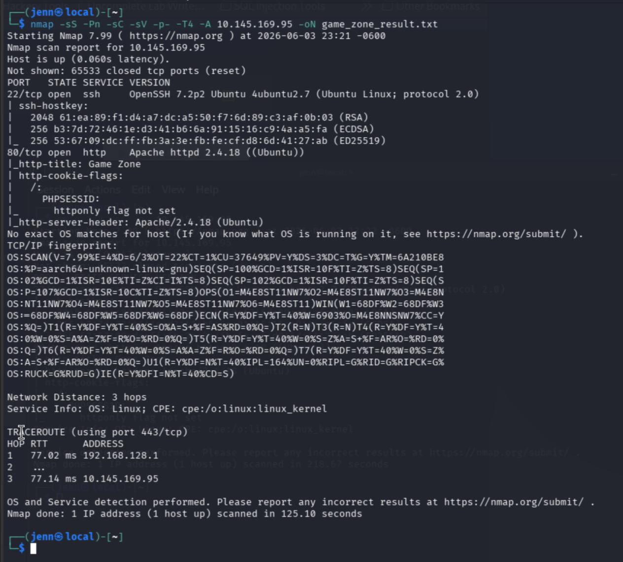 nmap scan results with PHPSESSID httponly flag not set highlighted